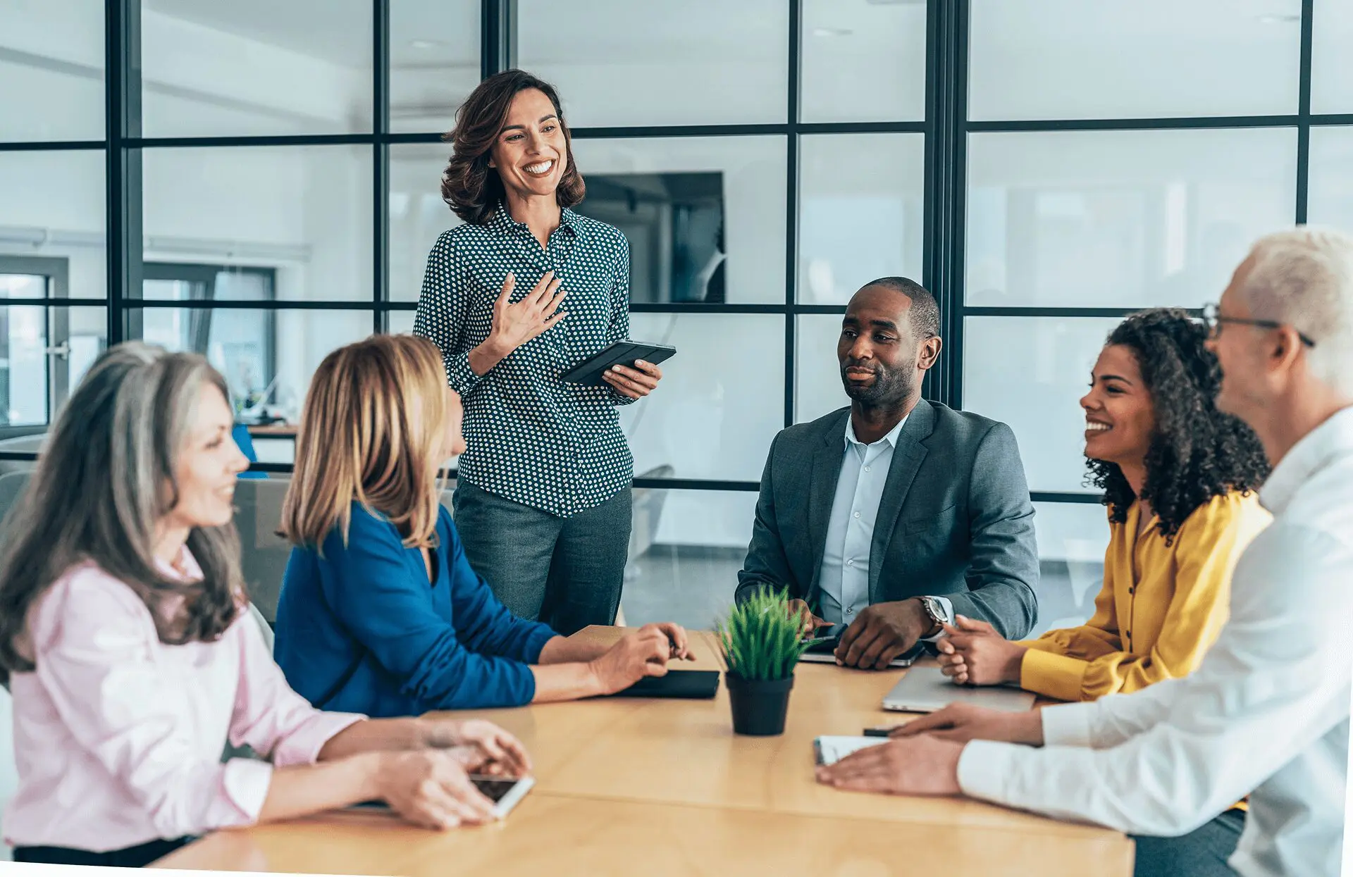 Team meeting in a modern office setting.