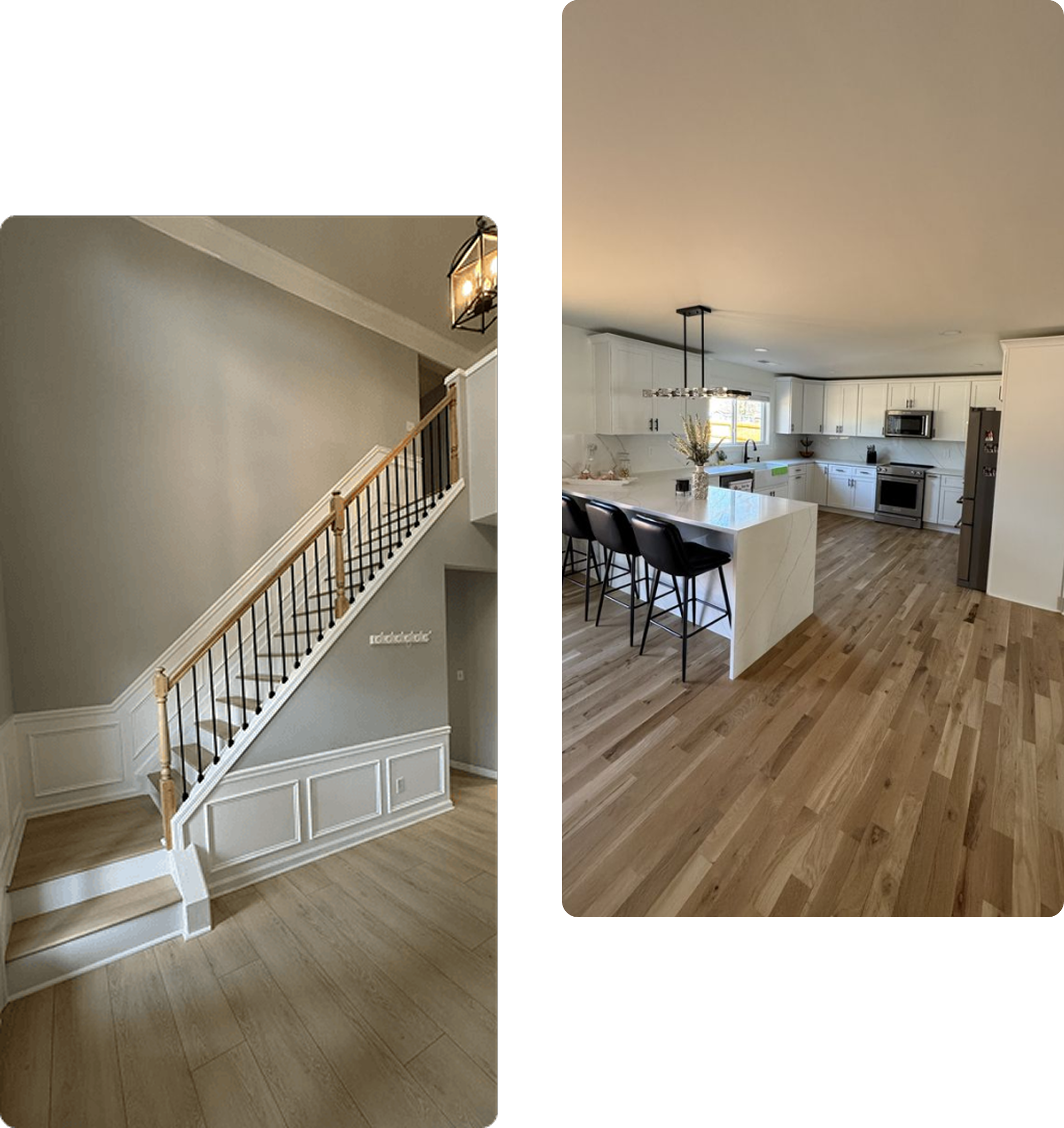 Modern kitchen and staircase with wooden floors.