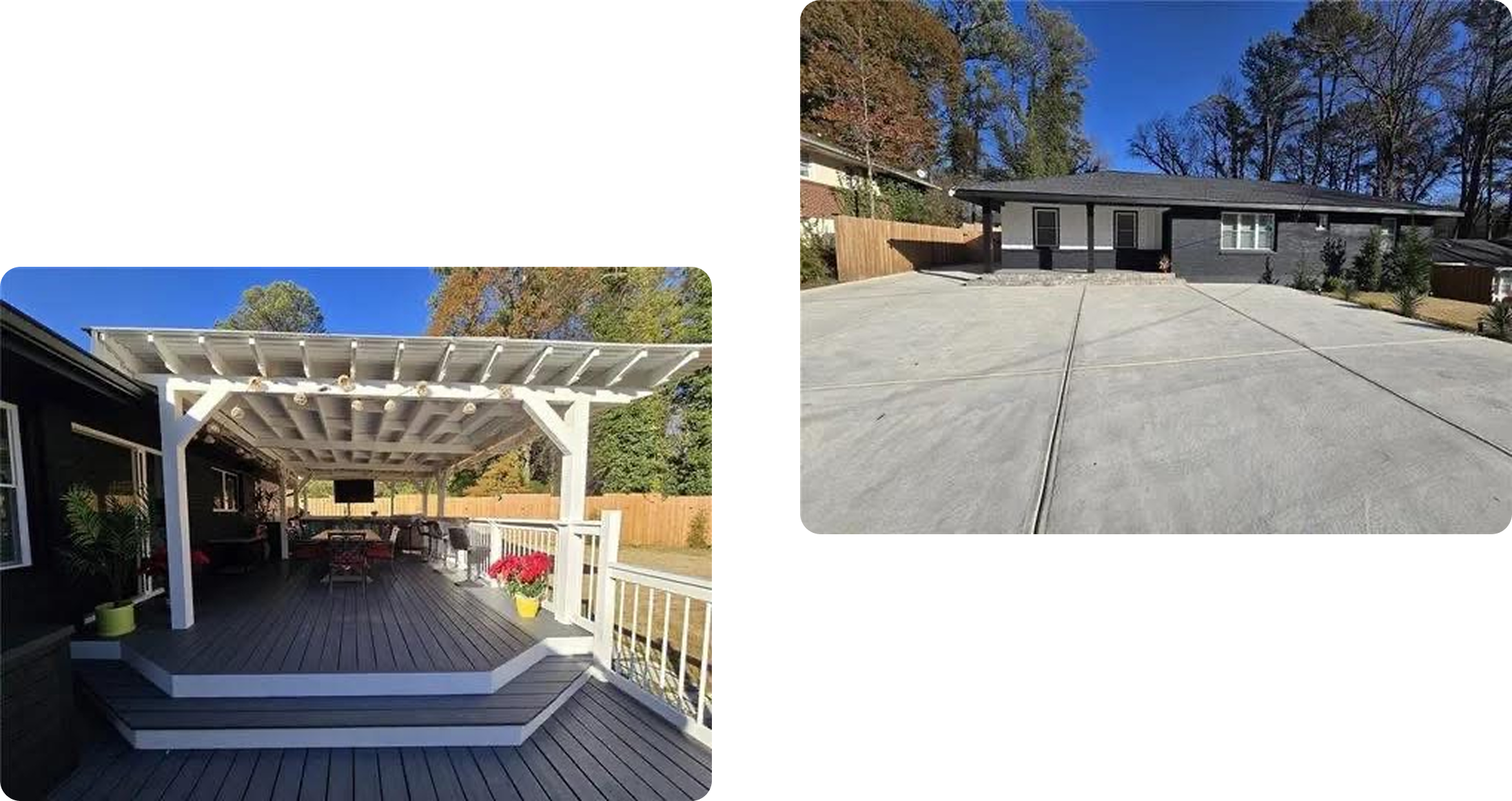 Wooden deck with pergola and concrete driveway.